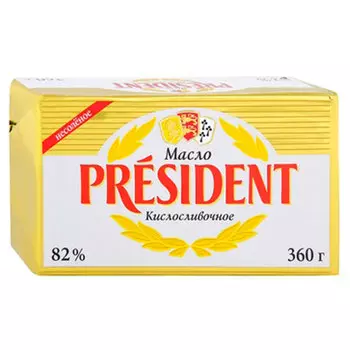 Масло President кислосливочное несолёное БЗМЖ 82% 360 гр