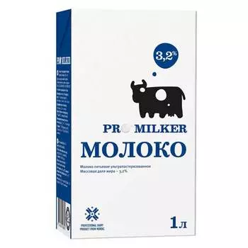 Молоко Promilker ультрапастеризованное 3,2% БЗМЖ 1 литр, 12 шт. в уп.