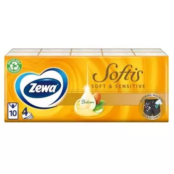 Носовые платочки Zewa Softis Sensitive миндальное масло и алоэ вера 4 слоя (9 х 10 шт)