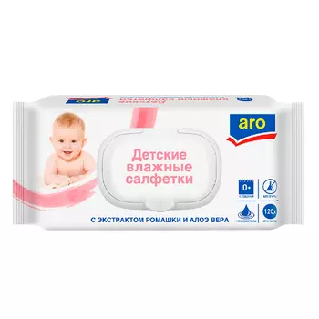 Салфетки влажные детские Aro с ромашкой и алоэ вера с клапаном 120 шт