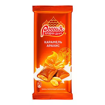 Шоколад Россия-щедрая душа молочный белый карамель арахис 90 гр