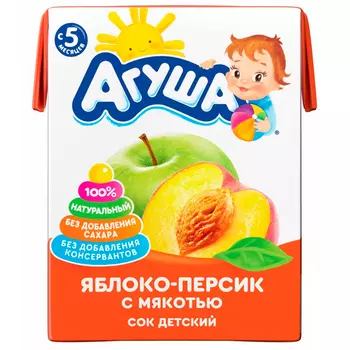 Сок Агуша яблоко-персик с мякотью 0,2 литра, 18 шт. в уп.