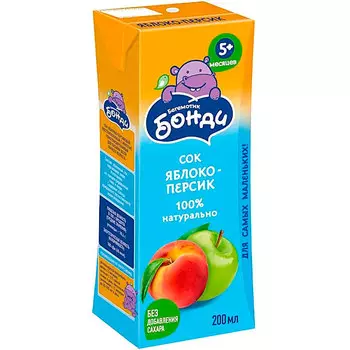 Сок Бегемотик Бонди яблоко-персик 0,2 литра, 27 шт. в уп.