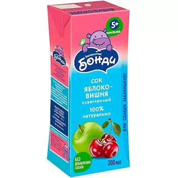 Сок Бегемотик Бонди яблоко-вишня 0,2 литра, 27 шт. в уп.