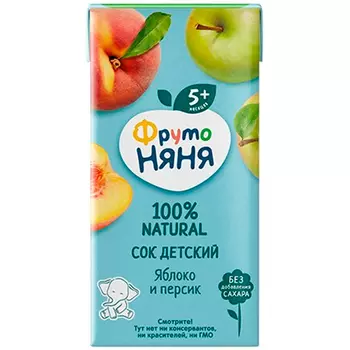 Сок ФрутоНяня Яблоко-персик 0,2 литра, 18 шт. в уп.