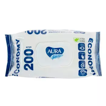 Влажные салфетки Aura Family антибактериальные с клапаном 200 шт