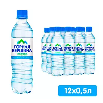 Вода Горная Вершина природная питьевая 0.5 литра, без газа, пэт, 12 шт. в уп.
