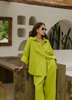 Желанная тройка изо льна: рубашка + брюки + шорты, lime - S-M
