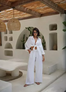 Желанная тройка изо льна: рубашка + брюки + шорты, white - L-XL