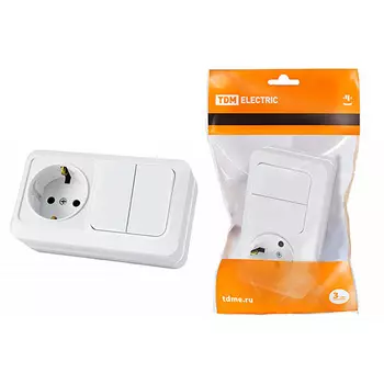 Блок комбинированный TDM Ладога БКВР выключатель 2-клавишный 10А + розетка 2П+З 16А 250В IP20 белый