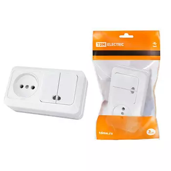 Блок комбинированный TDM Ладога БКВР выключатель 2-клавишный с/п 10А + розетка 2П 10А 250В IP20 белый