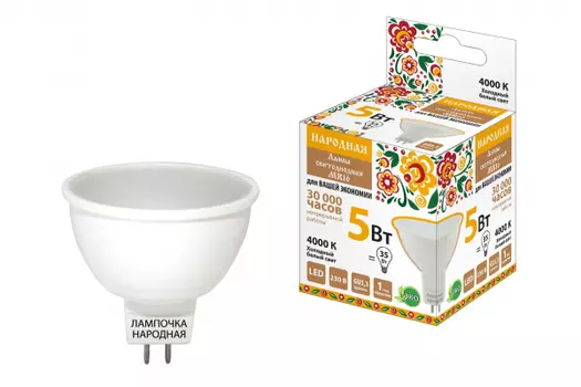 Лампа светодиодная TDM MR16-5 Вт-230 В-4000 К–GU5,3 Народная