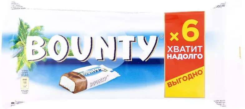 Шоколадный батончик Bounty Мультипак 6*27.5гс доставкой!