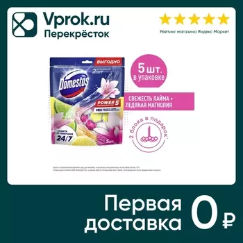 Блок туалетный Domestos Power 5 Свежесть лайма ледяная магнолия 5*50г