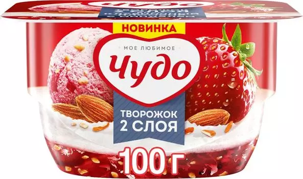 Десерт творожный Чудо Клубничный пломбир миндаль 100г