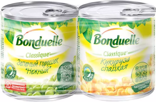 Горошек Bonduelle зеленый 200г +Кукуруза Bonduelle сладкая в зернах 170г