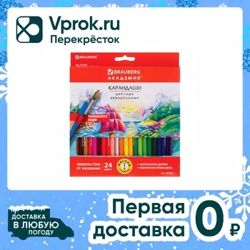 Карандаши цветные Brauberg Академия акварельные шестигранные 3мм 24 цвета