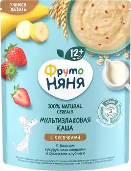 Каша ФрутоНяня Молочно-злаковая с бананом кукурузными хлопьями и кусочками клубники с 12 месяцев 200г