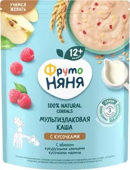Каша ФрутоНяня Молочно-злаковая с яблоками кукурузными хлопьями и кусочками малины с 12 месяцев 200г