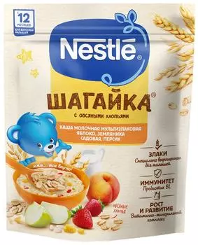 Каша Nestle Шагайка Молочная мультизлаковая с овсяными хлопьями Яблоко-Земляника-Персик с 12 месяцев 190г