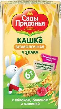 Кашка Сады Придонья 4 злака безмолочная с яблоком бананом и малиной 125мл