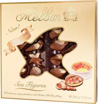 Конфеты Melbon Морские фигуры из молочного и белого шоколада с начинкой крем-брюле 250г