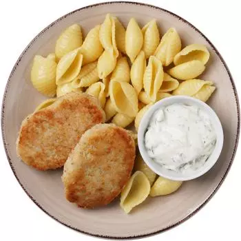 Котлета Cook Chart рыбная из фарша минтая с макаронами и соусом тартар 220г