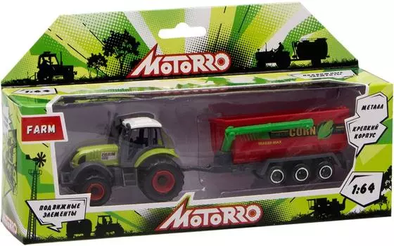 Машинка Motorro 1:64 Спецтехника Тактор с телегой-самосвалом