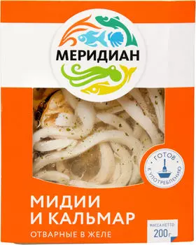 Мидии и кальмар Меридиан в желе с зеленью 200г