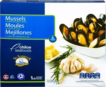 Мидии St. Andrews Чилийские в раковинах приготовленные в чесночно-сливочном соусе варено-мороженые 454г
