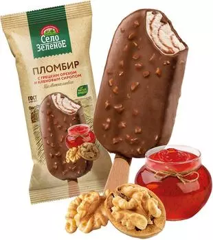 Мороженое Село Зеленое Эскимо пломбир с ароматом грецкого ореха с кленовым сиропом в глазури с грецким орехом 15% 80г