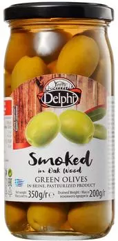 Оливки Delphi с косточкой копченые на дубовых опилках в рассоле 350г
