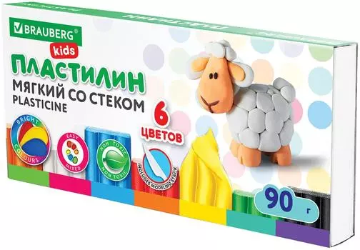 Пластилин Brauberg Kids мягкий восковой со стеком 6 цветов
