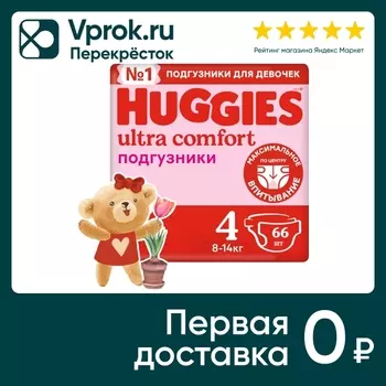 Подгузники Huggies Ultra Comfort для девочек 8-14кг 4 размер 66шт
