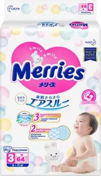 Подгузники Merries для детей размер M 3 6-11кг 64шт