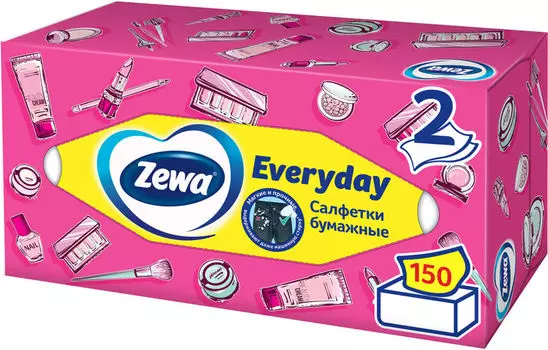 Салфетки бумажные Zewa Everyday косметические 2 слоя 150шт