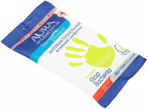 Салфетки влажные Aura антибактериальные 15шт в ассортименте