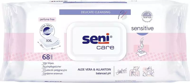 Салфетки влажные Seni Care Sensitive с Алоэ вера и Аллантоином 68шт