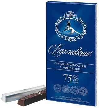 Шоколад Вдохновение Горький Элитный с миндалем 75% какао 90г