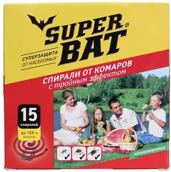Спирали от комаров мух и ос SuperBAT 3в1 тройного действия красные 15шт
