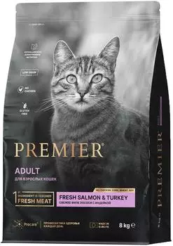 Сухой корм для кошек Premier Cat Adult Свежее филе лосося с индейкой для кошек 8кг