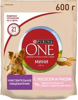 Сухой корм для собак Purina ONE для мелких пород с чувствительным пищеварением с лососем и рисом 600г
