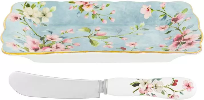 Тарелка под масло Elan Gallery Яблоневый цвет на голубом с ножиком 17*10*2см