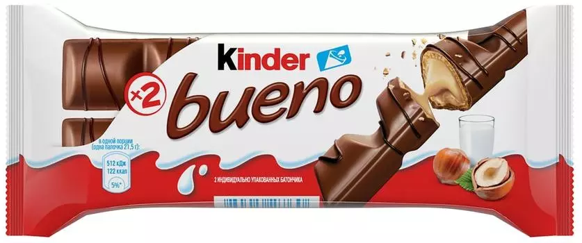 Вафли Kinder Bueno покрытые молочным шоколадом c молочно-ореховой начинкой 43г