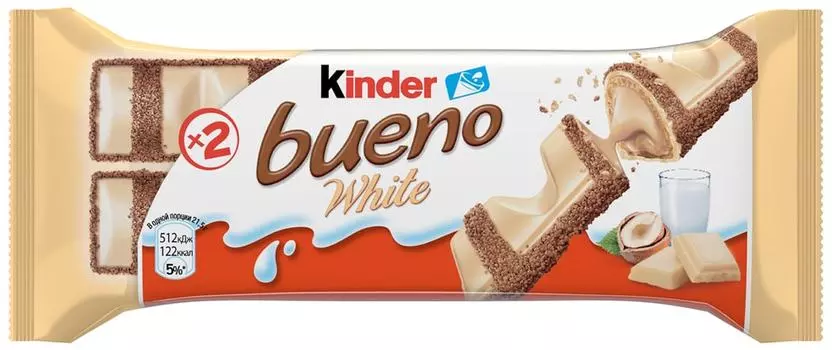 Вафли Kinder Bueno White покрытые белым шоколадом c молочно-ореховой начинкой 39г