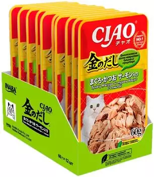 Влажный корм для кошек Ciao Kin no dashi Тунец Магуро и тунец Кацуо с семгой 60г (упаковка 48 шт.)