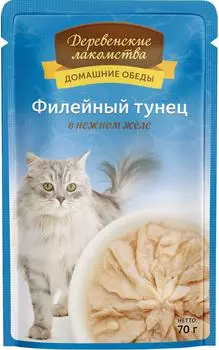 Влажный корм для кошек Деревенские лакомства Филейный тунец в нежном желе 70г (упаковка 12 шт.)