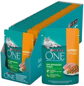 Влажный корм для кошек Purina ONE для домашних с курицей и морковью в соусе 75г (упаковка 26 шт.)