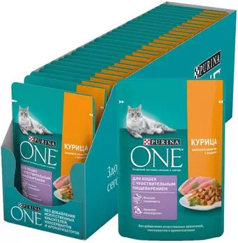 Влажный корм для кошек Purina ONE для чувствительного пищеварения с курицей и морковью в соусе 75г (упаковка 26 шт.)