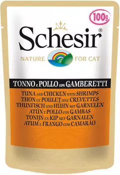 Влажный корм для кошек Schesir Тунец и курица с креветками 100г